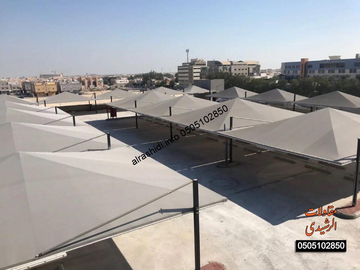 مظلات مواقف سيارات مشروع بناء مظلات شد PVC لمواقف سيارات من شركة ظلال الشرقية مظلات الشرقية