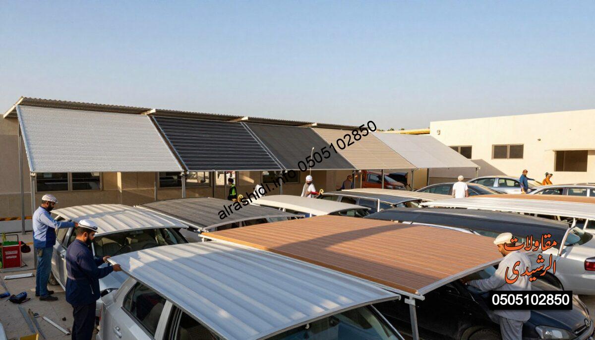 A bustling construction scene in southern Riyadh, showcasing various types of shades being installed. In the foreground, workers in professional business attire are diligently assembling fabric, metal, and wooden shades for cars, gardens, schools, and parking areas. The middle ground features completed shades casting long shadows, revealing intricate patterns and textures of the materials. The background displays a clear blue sky with gentle sunlight illuminating the area, creating an inviting atmosphere. Capture the essence of teamwork, showcasing tools and machinery subtly integrated into the scene. The angle should be slightly elevated, providing a comprehensive view of both the workers’ activities and the diverse range of shade designs. The mood is industrious yet calm, highlighting a successful installation in progress.