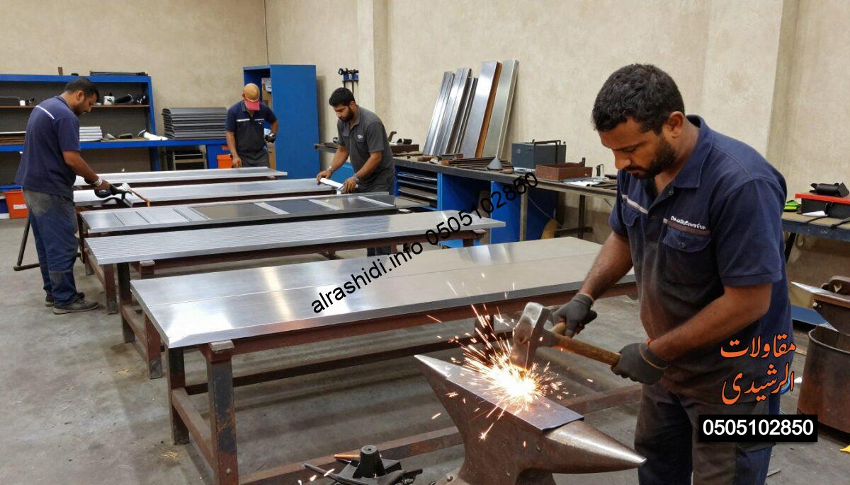A bustling metal workshop in South Riyadh, filled with workers clad in professional work attire, busily engaged in various metalworking tasks. In the foreground, a skilled blacksmith is shaping steel with a hammer on an anvil, sparks flying with each strike. In the middle ground, several pieces of fabric and metal shades are being assembled, showcasing designs for car and garden installations. The background features an organized tool area with welding equipment and metal materials. The lighting is bright and industrial, highlighting the craftsmanship and dedication, creating a focused and energetic atmosphere. The scene captures the essence of professional metalwork, perfect for illustrating a workshop dedicated to metal shade installations.