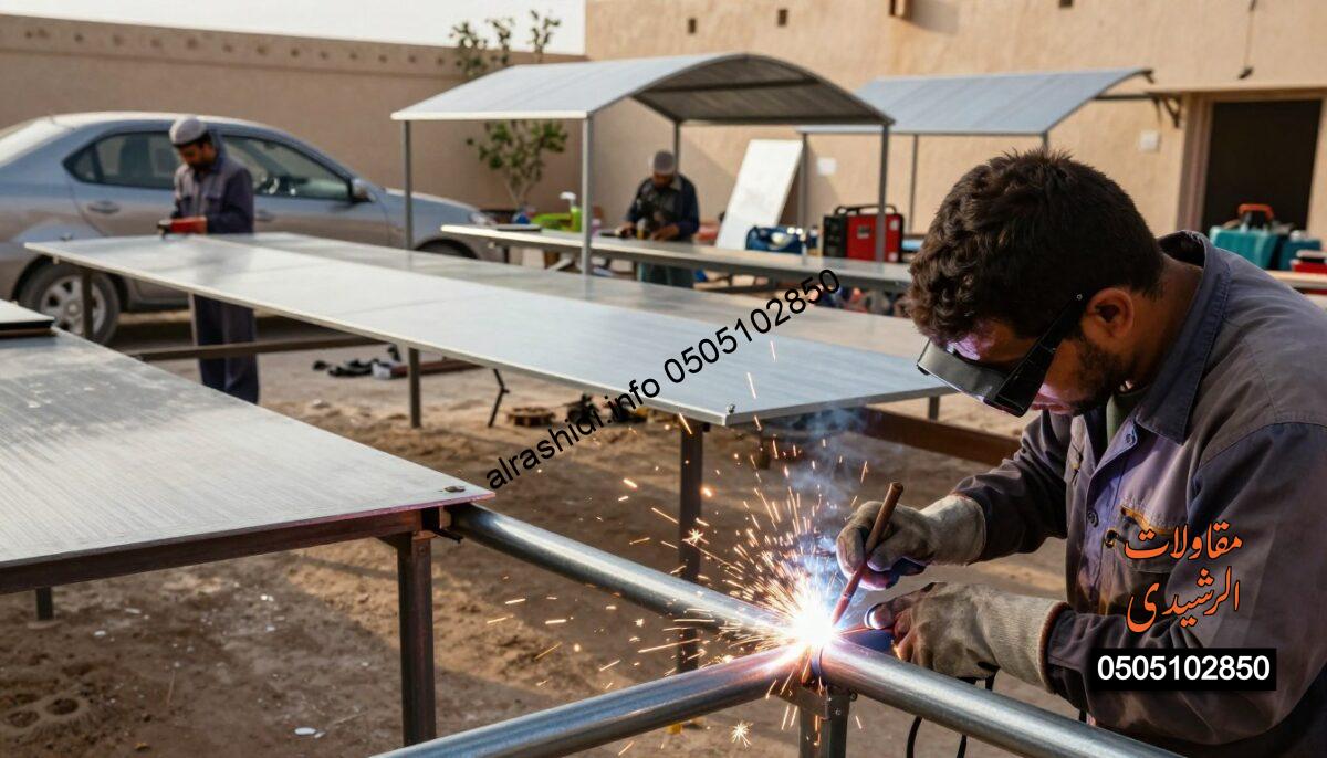 A bustling metalworking workshop in West Riyadh, showcasing skilled workers in professional attire engaged in the fabrication of steel shades and canopies. In the foreground, a close-up of a worker wearing safety goggles and gloves expertly welding metal pipes together, sparks flying in a dynamic display. In the middle ground, various structures like car, garden, and school shades are partially assembled, highlighting a mix of shiny and textured surfaces. The background features tools scattered around, including welding machines and gear, under warm, natural lighting that illuminates the scene, creating a focused yet energetic atmosphere. The overall mood conveys craftsmanship, dedication, and the vibrant pulse of a thriving construction environment.