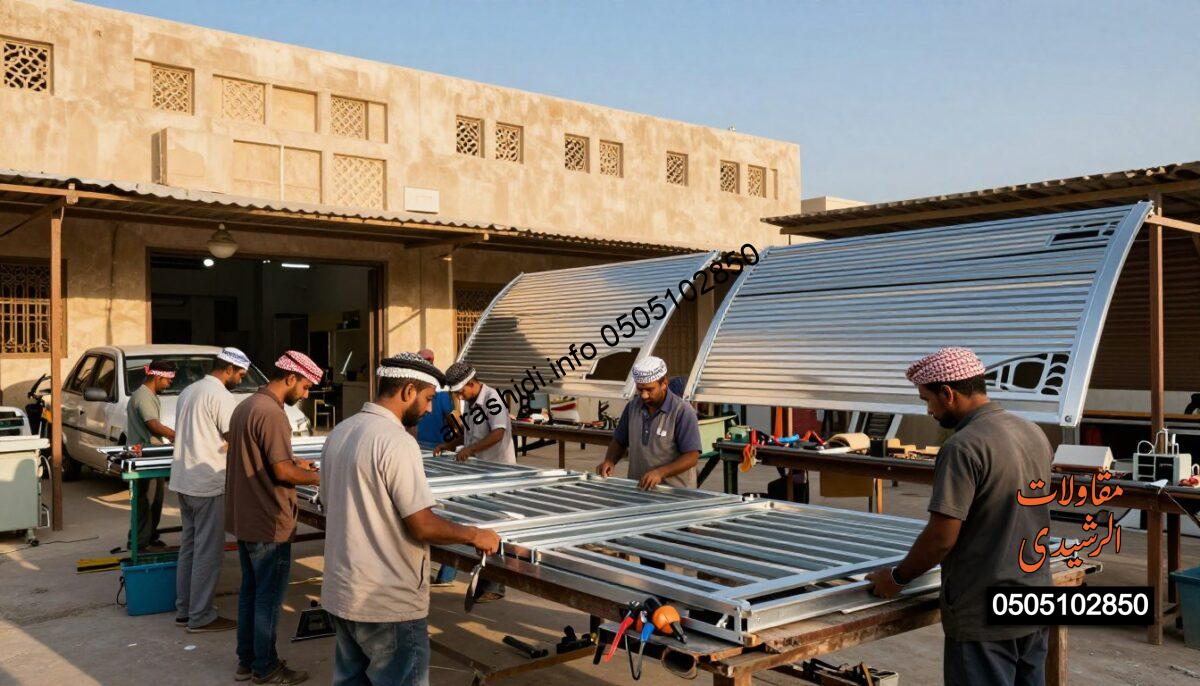 A bustling workshop in West Riyadh specializing in metalworking and installation of shades. In the foreground, a group of skilled workers, dressed in professional attire, collaborate on constructing metal frames for car and garden shades. They are surrounded by various tools and machinery, showcasing the craftsmanship. In the middle ground, partially finished shades are visible, highlighting their intricate designs and materials. In the background, the workshop's exterior features traditional Saudi architectural elements, with a clear blue sky above, bathing the scene in warm, natural light. The atmosphere is lively and industrious, reflecting the dedication and expertise of the workers in their trade.