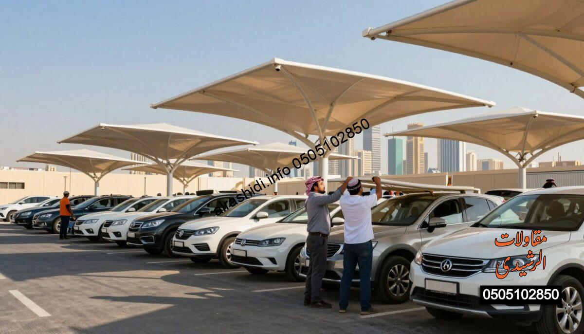 A dynamic construction scene in Riyadh, showcasing workers installing high-quality shade structures for cars in a busy parking lot. In the foreground, two workers in professional business attire are expertly assembling the shade framework, showcasing their teamwork and precision. The middle ground features several completed car shades, with sleek designs that blend traditional Saudi architectural elements and modern aesthetics, casting geometric shadows on the ground. In the background, a vibrant city skyline of Riyadh is visible, under a clear blue sky. The scene is illuminated by warm afternoon sunlight, creating a bright, inviting atmosphere that emphasizes a spirit of professionalism and quality service in car shade installations across the region.