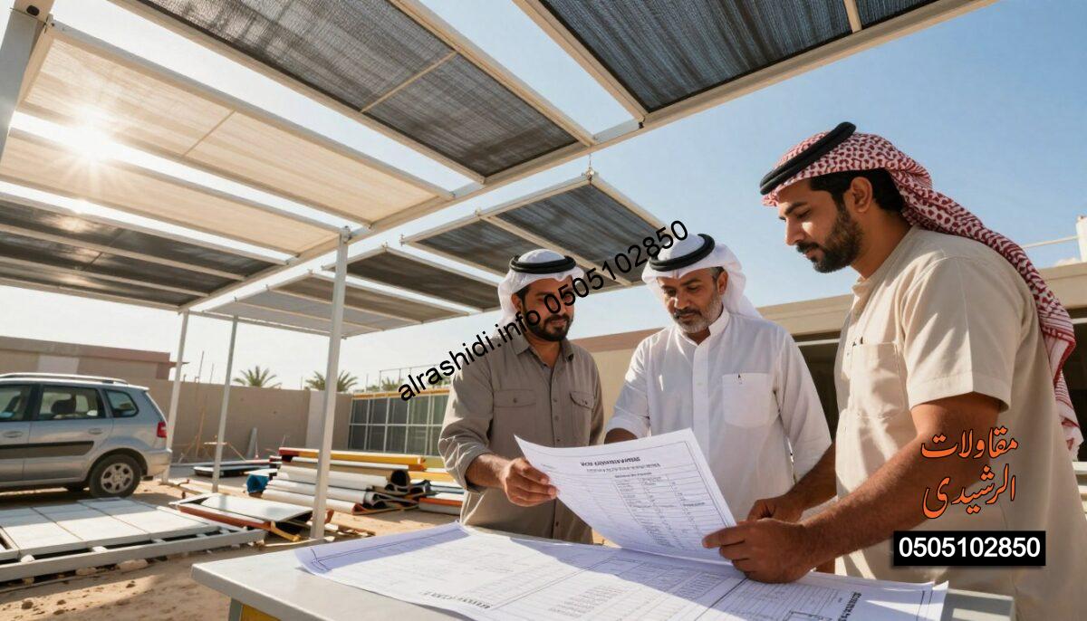 A professional construction scene illustrating workers in Saudi Arabia installing various shades such as car, garden, and school shades. In the foreground, two workers in modest casual clothing are actively discussing and reviewing price offers and free consultations, with blueprints and pricing charts on a table. In the middle ground, there are several partially installed shades and construction materials scattered around. The background features a clear blue sky with a sun casting warm light, creating a productive and collaborative atmosphere. The composition is shot at a slight upward angle to emphasize the scale of the project, capturing the essence of teamwork and professionalism in the construction industry. The colors are bright and inviting, reflecting a sunny day.