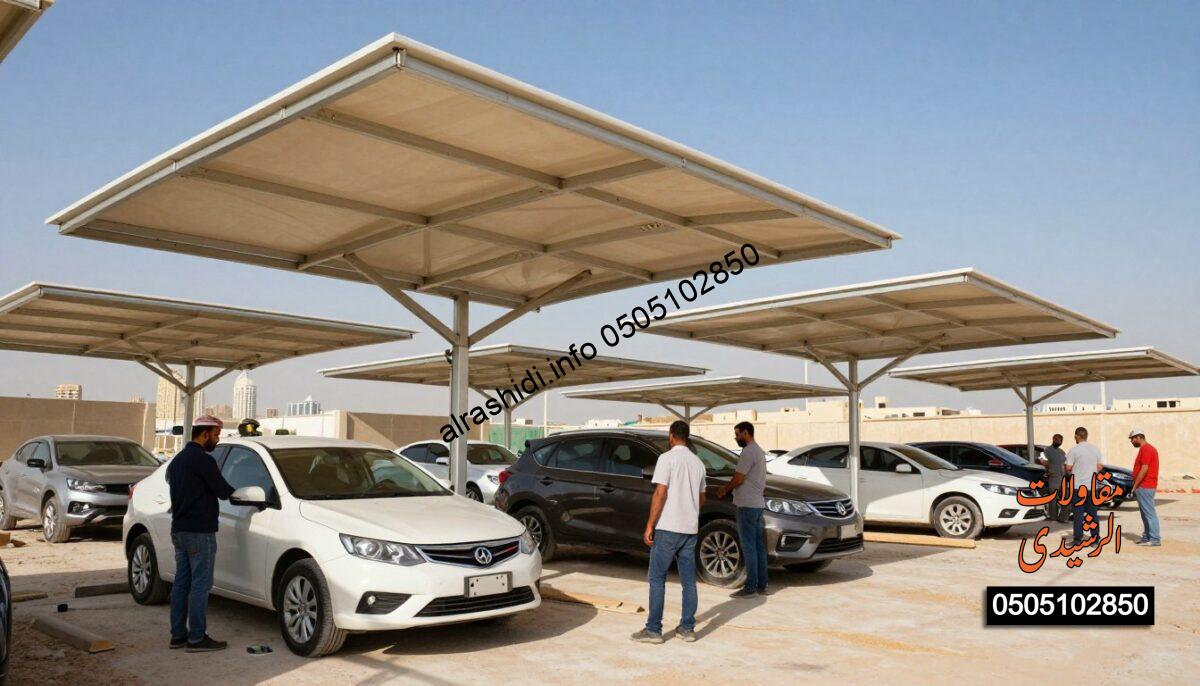 A realistic construction scene depicting car shades being installed in Riyadh, Saudi Arabia. In the foreground, skilled workers in business attire are actively assembling large, modern carport canopies with intricate metal frameworks. The middle ground showcases several partially completed car shades, with sunlight filtering through the fabric, casting dynamic shadows on the ground. In the background, a clear blue sky and the cityscape of Riyadh provide a vibrant contrast. The mood is industrious and focused, with an emphasis on innovation and construction. Soft, natural lighting enhances the textures of the materials, and the angle captures both the workers and the impressive structures, highlighting the scale and purpose of the project.