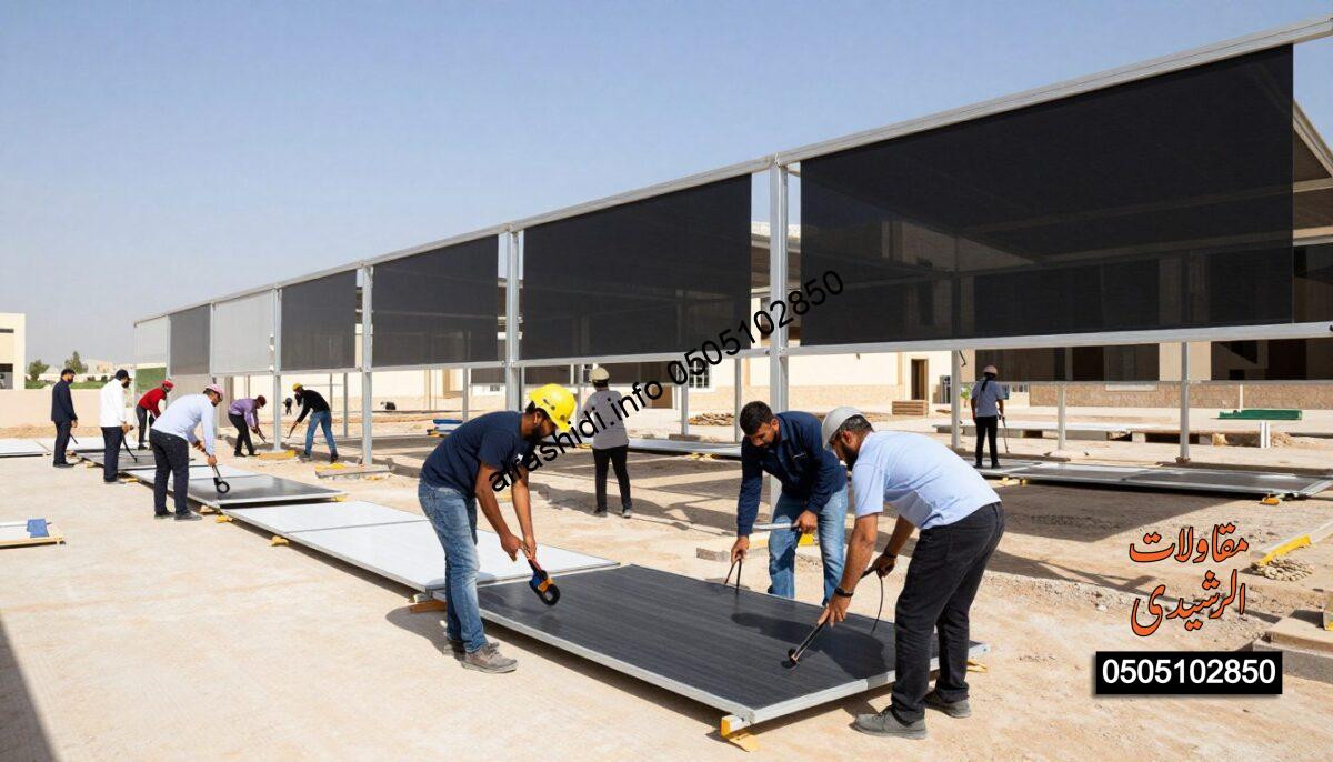 A realistic construction scene depicting the installation steps of school shades in West Riyadh, Saudi Arabia. In the foreground, diverse workers in professional business attire are energetically working together, using tools, and assembling shade panels. In the middle ground, partially assembled structures showcase various stages of the installation process, emphasizing the design and versatility of the shades. The background features a sunny, clear sky with a distant view of a school building. The scene is well-lit, creating vibrant colors and dramatic shadows, capturing a productive atmosphere. Use a wide-angle lens to encompass the details of the construction site, highlighting teamwork and efficiency while maintaining a focused view of the shade installation steps.