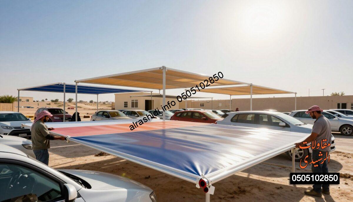 A realistic construction scene depicting workers installing PVC shades in a variety of settings, such as cars, gardens, schools, and parking lots in Saudi Arabia. The foreground features skilled laborers in professional attire, carefully positioning the flexible, colorful PVC canopy material. In the middle, several half-finished structures show the versatility of PVC shades, providing shelter and aesthetic appeal. The background includes a clear blue sky with a bright sun, casting soft shadows, and showcasing a typical Saudi landscape. Use soft, natural lighting to enhance the vibrant colors of the PVC along with a slight lens flare to give a warm, inviting atmosphere. Focus on the craftsmanship and details of the materials for an authentic representation of modern shade installation.