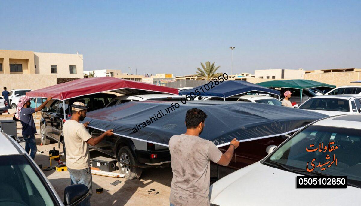 A realistic construction scene depicting workers installing car shades in a bustling outdoor environment in Saudi Arabia. In the foreground, skilled laborers in modest casual clothing are carefully securing large, beautiful car canopies over parked vehicles, showcasing various colors and designs. The middle ground features several partially constructed shades, with tools and materials scattered around, emphasizing an active worksite. In the background, a clear blue sky complements the architectural landscape of nearby buildings, with a hint of palm trees swaying gently in the breeze. The lighting is bright and natural, highlighting the details of the textures and materials used in the car shade construction. The mood conveys productivity and professionalism, capturing the essence of modern construction work in a vibrant community.