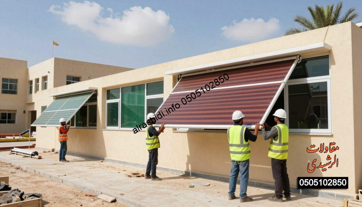 A realistic construction scene depicting workers installing school shades in a vibrant urban setting in West Riyadh. In the foreground, two workers in professional attire, wearing hard hats and safety vests, are carefully lifting a large shade structure, showcasing teamwork and focus. The middle ground features various shades designed for school environments, highlighting their protective and aesthetic qualities, set against a backdrop of a modern school building under a sunny sky. The background includes palm trees and a blue sky dotted with a few clouds, creating a warm and inviting atmosphere. The lighting is bright and natural, emphasizing the colors of the shades and the surroundings, conveying a sense of diligence and quality assurance in construction.