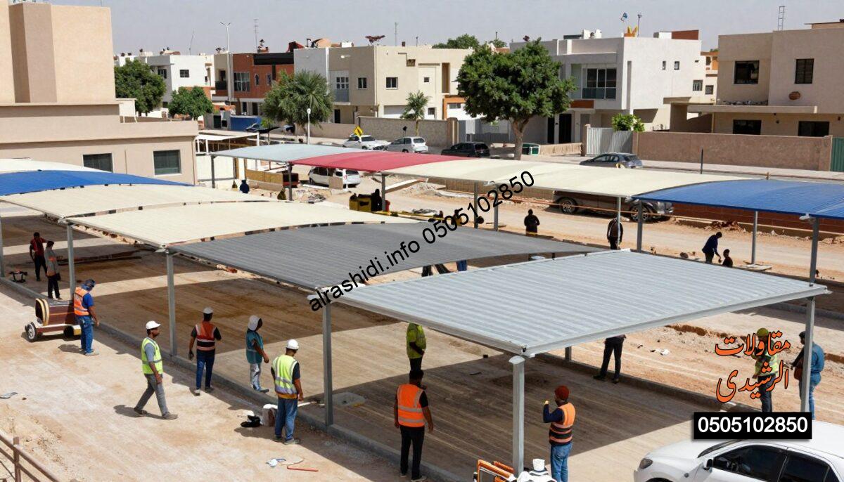 A realistic construction scene depicting workers installing various shades, including fabric and metal canopies, in a residential and commercial district. The foreground features a team of diverse workers in professional work attire, collaborating on the installation of school and parking shades under a bright, sunny sky. In the middle ground, several partially erected structures and colorful shade canopies are visible, highlighting the variety of designs available for public spaces. The background showcases a bustling neighborhood, with a mix of modern buildings and greenery typical of southern Riyadh. The lighting is bright and vivid, capturing the energy of a busy workday, while the atmosphere conveys a sense of community development and improvement.