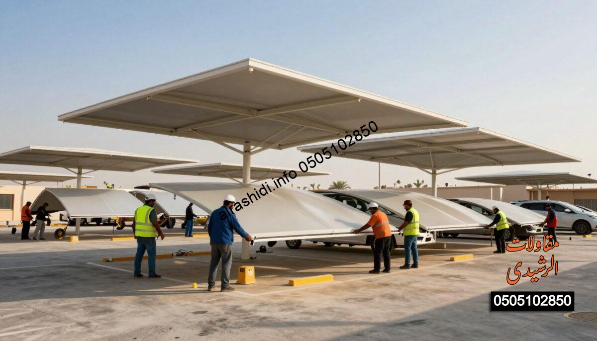 A realistic construction scene in East Riyadh showcasing parking shades installation. In the foreground, a diverse group of workers in professional attire, focused on assembling large, modern car shades, using tools and equipment. The middle ground features partially installed shades, with some structures standing tall and others just starting to take shape, illustrating an organized and efficient workspace. The background reveals a clear blue sky with gentle sunlight filtering through, casting soft shadows on the ground, enhancing the sense of a productive day. The atmosphere is active yet harmonious, emphasizing teamwork and innovation in creating functional outdoor spaces for vehicle protection and organization. A realistic construction scene in East Riyadh showcasing parking shades installation. In the foreground, a diverse group of workers in professional attire, focused on assembling large, modern car shades, using tools and equipment. The middle ground features partially installed shades, with some structures standing tall and others just starting to take shape, illustrating an organized and efficient workspace. The background reveals a clear blue sky with gentle sunlight filtering through, casting soft shadows on the ground, enhancing the sense of a productive day. The atmosphere is active yet harmonious, emphasizing teamwork and innovation in creating functional outdoor spaces for vehicle protection and organization.