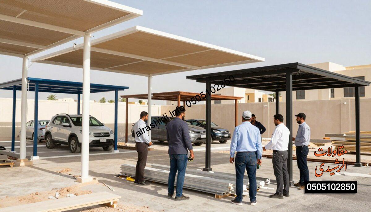 A realistic construction scene in Eastern Riyadh featuring workers in professional business attire installing various types of shaded structures such as carports, garden canopies, and outdoor pergolas. In the foreground, detail the workers actively collaborating, using tools and lifting materials, showcasing the hands-on nature of the job. The middle ground should depict a variety of stylish shade designs, illustrating competitive pricing options, with a backdrop of a modern residential area. Bright, natural lighting reflects a sunny day, enhancing the vibrancy of the colors used in the shades. Capture the essence of teamwork and innovative solutions, conveying a mood of trust and professionalism in the construction industry, emphasizing affordability and quality in outdoor installations. A realistic construction scene in Eastern Riyadh featuring workers in professional business attire installing various types of shaded structures such as carports, garden canopies, and outdoor pergolas. In the foreground, detail the workers actively collaborating, using tools and lifting materials, showcasing the hands-on nature of the job. The middle ground should depict a variety of stylish shade designs, illustrating competitive pricing options, with a backdrop of a modern residential area. Bright, natural lighting reflects a sunny day, enhancing the vibrancy of the colors used in the shades. Capture the essence of teamwork and innovative solutions, conveying a mood of trust and professionalism in the construction industry, emphasizing affordability and quality in outdoor installations.