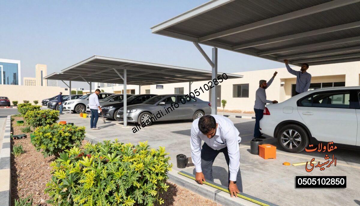 A realistic construction scene in Riyadh, featuring professional workers in modest business attire installing various shades for cars, gardens, and schools. In the foreground, a worker is diligently measuring and cutting metal poles, while another is lifting a shade onto a support structure. The middle ground showcases a partially installed shade over a modern parking lot, surrounded by tools and equipment. The background features a clear blue sky typical of Riyadh's climate, with a skyline of modern buildings. The lighting is bright and natural, creating an energetic atmosphere, capturing the essence of competitive pricing in service offerings. The angle is slightly elevated, providing a comprehensive view of the operation, emphasizing teamwork and precision.