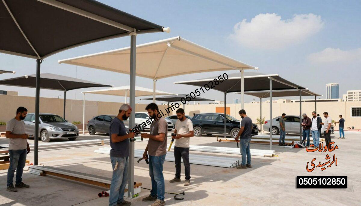A realistic construction scene in Riyadh, showcasing a team of workers installing stylish and durable shades and canopies. The foreground features several professionals in modest casual clothing, expertly handling materials while using tools like drills and hammers. In the middle ground, a variety of shades—car, garden, school, and parking—are partially erected, highlighting their sleek and modern design. The background includes a clear blue sky with a few clouds and the urban skyline of Riyadh, creating a vibrant and dynamic atmosphere. Soft sunlight enhances the scene, casting interesting shadows on the ground. Capture the industrious spirit and professionalism of the installation process, emphasizing the craftsmanship involved in creating these essential outdoor structures. A realistic construction scene in Riyadh, showcasing a team of workers installing stylish and durable shades and canopies. The foreground features several professionals in modest casual clothing, expertly handling materials while using tools like drills and hammers. In the middle ground, a variety of shades—car, garden, school, and parking—are partially erected, highlighting their sleek and modern design. The background includes a clear blue sky with a few clouds and the urban skyline of Riyadh, creating a vibrant and dynamic atmosphere. Soft sunlight enhances the scene, casting interesting shadows on the ground. Capture the industrious spirit and professionalism of the installation process, emphasizing the craftsmanship involved in creating these essential outdoor structures.