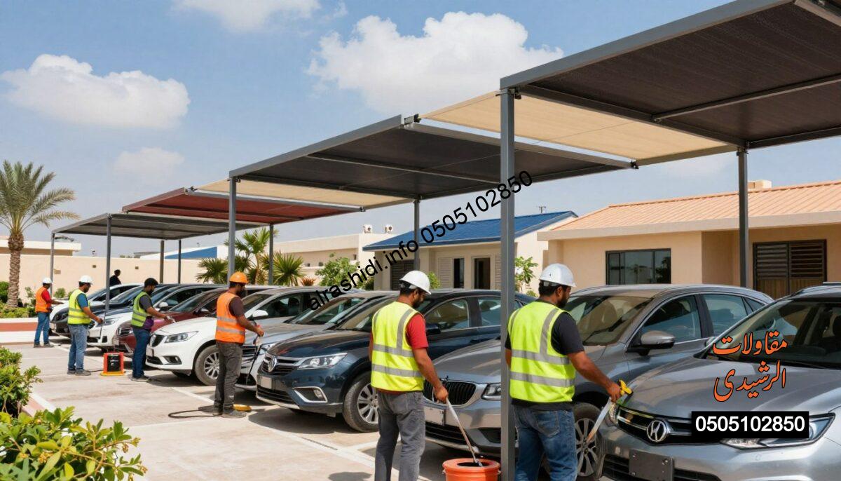 A realistic construction scene in South Riyadh, showcasing workers in professional attire installing modern car, garden, and school shades. In the foreground, several workers are collaborating intently, using tools and equipment with determination. The middle ground displays the vibrant shades being installed, featuring sleek designs, various colors, and textures that reflect the latest trends in outdoor shade solutions. In the background, a clear blue sky with a few fluffy clouds enhances the sunny atmosphere, while palm trees and landscaped gardens add to the aesthetic. The lighting is bright and inviting, capturing the energy of the working environment. This image conveys a sense of professionalism, innovation, and competition in outdoor design.