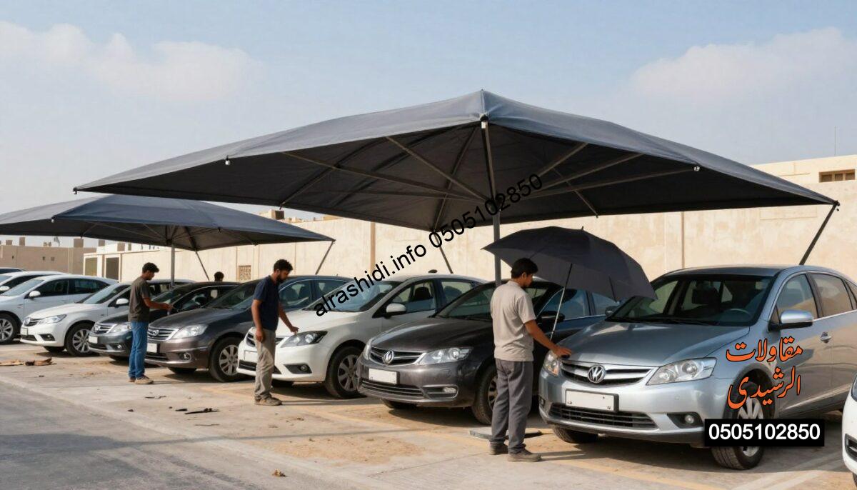 A realistic construction scene showcasing a car shade being installed in an urban setting of Eastern Riyadh. In the foreground, workers in modest casual clothing are actively assembling a sturdy, stylish car umbrella designed to provide effective protection against harsh weather. The elegant structure features a modern design with durable materials, casting soft shadows on the ground. In the middle ground, several cars are parked under the shade, demonstrating how well the umbrellas shield them from the sun and rain. The background highlights a clear blue sky with a hint of clouds, emphasizing the importance of weather protection. The atmosphere is vibrant and industrious, with soft, natural lighting illuminating the scene, creating a sense of professionalism and quality craftsmanship. A realistic construction scene showcasing a car shade being installed in an urban setting of Eastern Riyadh. In the foreground, workers in modest casual clothing are actively assembling a sturdy, stylish car umbrella designed to provide effective protection against harsh weather. The elegant structure features a modern design with durable materials, casting soft shadows on the ground. In the middle ground, several cars are parked under the shade, demonstrating how well the umbrellas shield them from the sun and rain. The background highlights a clear blue sky with a hint of clouds, emphasizing the importance of weather protection. The atmosphere is vibrant and industrious, with soft, natural lighting illuminating the scene, creating a sense of professionalism and quality craftsmanship.