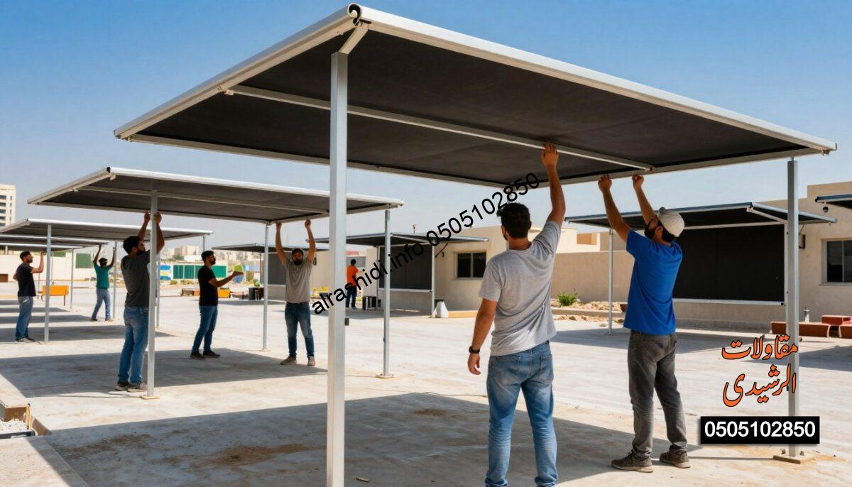 A realistic construction scene showcasing a team of workers installing structural shades in a vibrant outdoor setting in Riyadh. The foreground highlights two professionals in smart casual attire, skillfully assembling a large car shade with steel supports. In the middle ground, additional workers install garden and school shades, with various sized structures being fitted. The background features a clear blue sky above the bustling city of Riyadh, with iconic buildings faintly visible. The lighting is bright, with the sun shining down, creating crisp shadows on the ground. The overall atmosphere is energetic and industrious, reflecting the importance of shade solutions in urban environments. A realistic construction scene showcasing a team of workers installing structural shades in a vibrant outdoor setting in Riyadh. The foreground highlights two professionals in smart casual attire, skillfully assembling a large car shade with steel supports. In the middle ground, additional workers install garden and school shades, with various sized structures being fitted. The background features a clear blue sky above the bustling city of Riyadh, with iconic buildings faintly visible. The lighting is bright, with the sun shining down, creating crisp shadows on the ground. The overall atmosphere is energetic and industrious, reflecting the importance of shade solutions in urban environments.