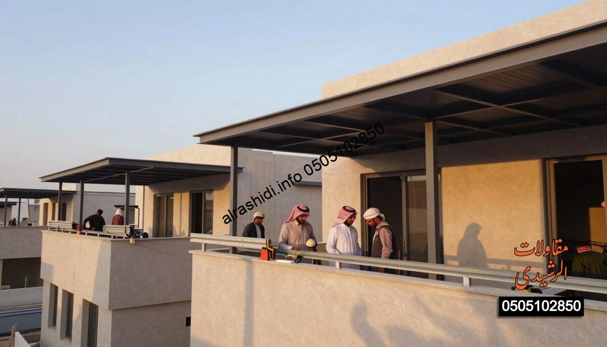 A realistic construction scene showcasing balcony canopies being installed in Riyadh, Saudi Arabia. In the foreground, several workers dressed in professional, modest clothing are actively installing a stylish, modern canopy above a balcony. The middle ground features various balcony structures with canopies in different stages of installation, accented by tools and materials such as metal beams and fabric. In the background, a clear sky with the warm glow of the sun sets an inviting atmosphere. The scene captures the essence of a bustling urban environment, highlighting the intricate details of the canopies, their shadows cast on the walls, and the urban architecture surrounding them. Use soft, natural lighting to enhance the realism and focus on the activity around the balcony installations.