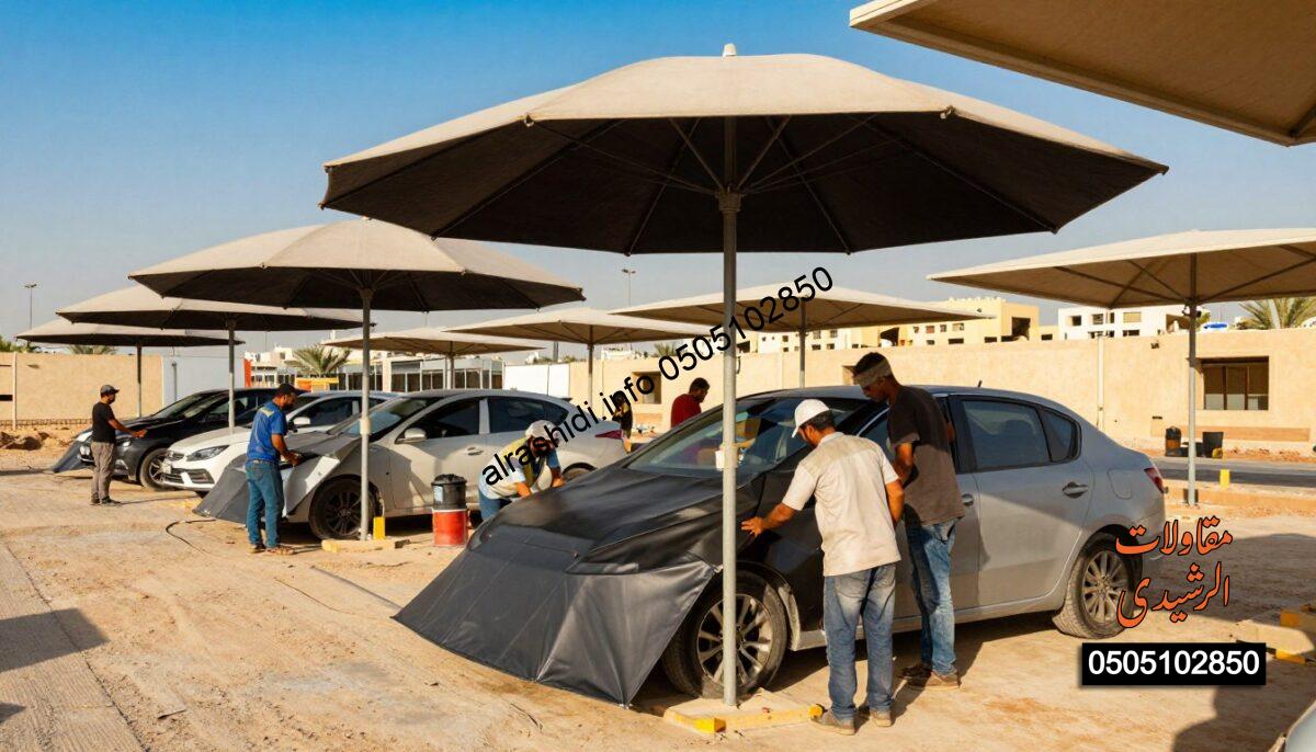 A realistic construction scene showcasing car shades being installed in Northern Riyadh. In the foreground, a team of workers in professional attire focuses on assembling large, sturdy umbrellas designed for vehicle protection. They use various tools and equipment, highlighting a collaborative atmosphere. The middle ground features several partially constructed parking shades, each casting distinct shadows on the ground. In the background, the urban landscape of Riyadh is visible under a bright blue sky, with a hint of palm trees adding to the local flavor. The sunlight creates warm, inviting lighting, emphasizing the colors of the structures and the workers' attire. The overall mood is industrious and vibrant, reflecting the growth of urban infrastructure in the area.