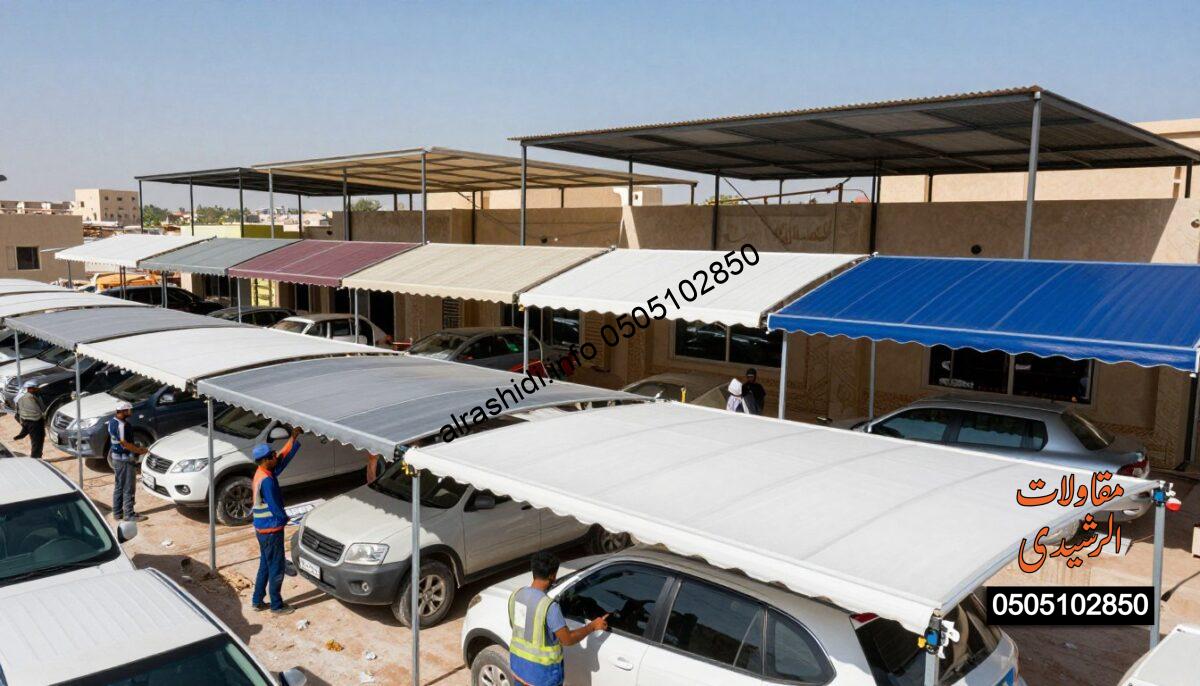A realistic construction scene showcasing various types of "لكسان" shades in East Riyadh, emphasizing structural tensioned shades. In the foreground, workers in professional attire are methodically installing car and garden shades, demonstrating teamwork and focus. The middle ground features an array of installed shades over vehicles and outdoor areas, highlighting the design variations, such as canopies with different colors and patterns. The background reveals a clear blue sky, with the sun casting dynamic shadows, creating a bright and energetic atmosphere. The image should evoke a sense of professionalism and craftsmanship in shade installation, captured from a slightly elevated angle to provide a comprehensive view of the scene, enhancing the depth and details of the structures. A realistic construction scene showcasing various types of "لكسان" shades in East Riyadh, emphasizing structural tensioned shades. In the foreground, workers in professional attire are methodically installing car and garden shades, demonstrating teamwork and focus. The middle ground features an array of installed shades over vehicles and outdoor areas, highlighting the design variations, such as canopies with different colors and patterns. The background reveals a clear blue sky, with the sun casting dynamic shadows, creating a bright and energetic atmosphere. The image should evoke a sense of professionalism and craftsmanship in shade installation, captured from a slightly elevated angle to provide a comprehensive view of the scene, enhancing the depth and details of the structures.