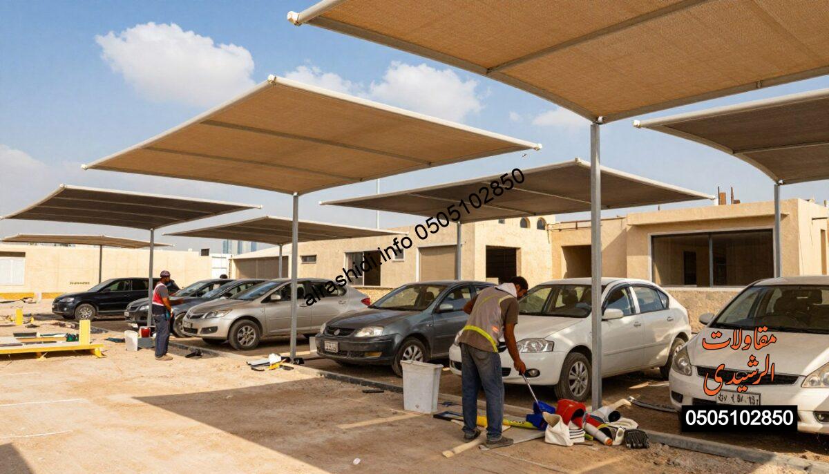 A realistic construction scene showcasing workers professionally installing car, garden, and school shades in North Riyadh, Saudi Arabia. In the foreground, focus on two workers in modest work attire, skillfully erecting shade structures, with tools and materials around them. The middle ground features various completed shades that create a diverse architectural pattern, offering shade to cars and outdoor spaces. In the background, sunny blue skies with a few fluffy clouds enhance the vibrant atmosphere, while distinct elements of Riyadh's skyline hint at the location. The light is bright and warm, casting soft shadows on the ground, capturing a productive and industrious mood in this urban setting.