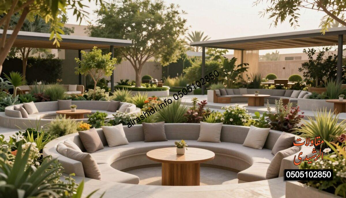 A serene garden seating area showcasing modern designs suitable for outdoor gatherings in southern Riyadh. In the foreground, a circular arrangement of elegant, comfortable seating with neutral tones, decorated with plush cushions and minimalist wooden tables. In the middle, lush greenery surrounds the seating, with an assortment of flowering plants and small trees, creating a vibrant yet tranquil atmosphere. In the background, sleek, contemporary shade structures offer protection from the sun, blending seamlessly with the garden's aesthetic. The scene is illuminated by warm, golden sunlight filtering through the trees, casting soft shadows. The mood is inviting and peaceful, embodying relaxation and harmony with nature. The perspective is slightly elevated, providing a clear view of the entire layout without any text or distractions.