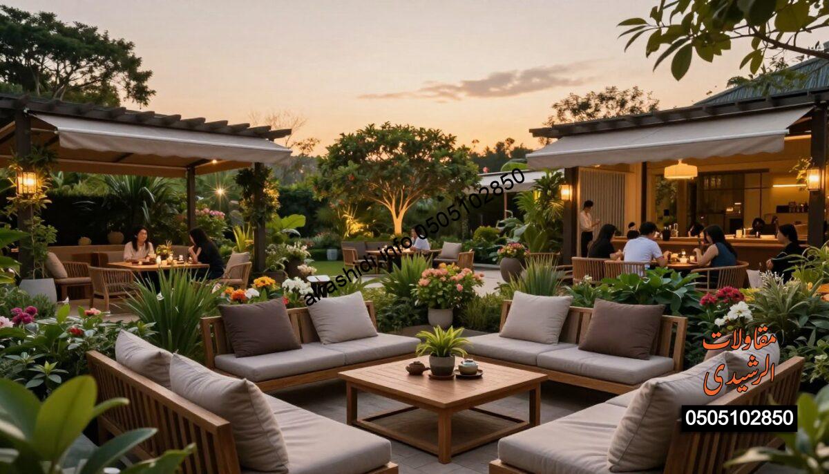 A serene garden setup featuring elegant seating arrangements designed for outdoor relaxation and social gatherings. In the foreground, a beautifully arranged seating area with plush cushions on wooden benches and a low coffee table adorned with decorative plants and tea sets. In the middle ground, lush green foliage and colorful blooming flowers, along with cleverly integrated shade structures like pergolas and awnings, providing a tranquil atmosphere. The background showcases a softly lit twilight sky, casting warm golden hues over the scene, enhancing the peaceful ambiance. Use a wide-angle lens to capture the depth of the garden layout, and emphasize natural lighting to create a cozy mood. The overall atmosphere should evoke a sense of harmony and leisure, ideal for enjoying time outdoors. A serene garden setup featuring elegant seating arrangements designed for outdoor relaxation and social gatherings. In the foreground, a beautifully arranged seating area with plush cushions on wooden benches and a low coffee table adorned with decorative plants and tea sets. In the middle ground, lush green foliage and colorful blooming flowers, along with cleverly integrated shade structures like pergolas and awnings, providing a tranquil atmosphere. The background showcases a softly lit twilight sky, casting warm golden hues over the scene, enhancing the peaceful ambiance. Use a wide-angle lens to capture the depth of the garden layout, and emphasize natural lighting to create a cozy mood. The overall atmosphere should evoke a sense of harmony and leisure, ideal for enjoying time outdoors.