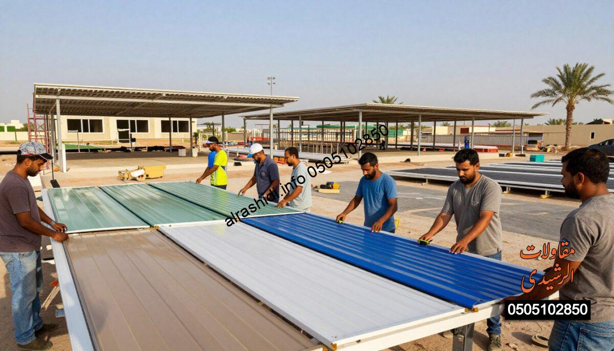 A vibrant construction scene depicting skilled workers in professional attire installing structural shades in a bustling outdoor environment. In the foreground, focus on a diverse group of workers carefully assembling car and garden shades with tools in hand, showcasing various shades in bright colors such as blue, green, and beige. In the middle ground, highlight partially constructed school and parking shades that evoke a sense of progress, with scaffolding and equipment around them. The background features a clear blue sky and palm trees, typical of Saudi Arabia's landscape. Soft, natural sunlight casts gentle shadows, enhancing the atmosphere of teamwork and productivity. The composition should be dynamic, capturing the energy of construction while maintaining an organized and professional look. A vibrant construction scene depicting skilled workers in professional attire installing structural shades in a bustling outdoor environment. In the foreground, focus on a diverse group of workers carefully assembling car and garden shades with tools in hand, showcasing various shades in bright colors such as blue, green, and beige. In the middle ground, highlight partially constructed school and parking shades that evoke a sense of progress, with scaffolding and equipment around them. The background features a clear blue sky and palm trees, typical of Saudi Arabia's landscape. Soft, natural sunlight casts gentle shadows, enhancing the atmosphere of teamwork and productivity. The composition should be dynamic, capturing the energy of construction while maintaining an organized and professional look.
