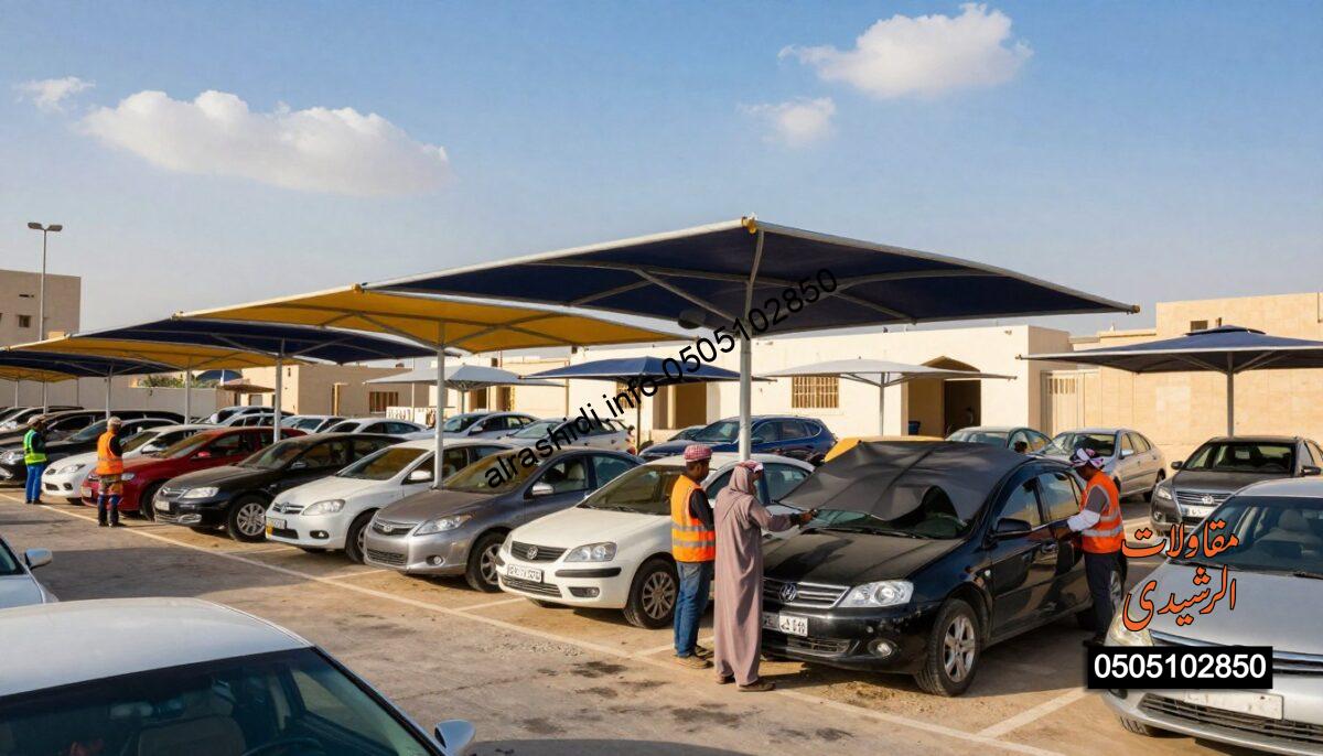 A vibrant construction scene depicting workers installing various car shades in a sunny parking lot in East Riyadh, Saudi Arabia. In the foreground, skilled workers, dressed in safety gear and modest attire, are diligently assembling structural car shades with large, colorful canopies designed to protect vehicles from sunlight. In the middle ground, several completed shades provide shelter over parked cars, showcasing a mix of contemporary and traditional architectural designs. The background features a clear blue sky with a few scattered clouds, and distant urban structures, emphasizing the location. The lighting is bright and warm, reflecting a typical sunny day, capturing the busy atmosphere of construction and collaboration. The angle of the shot is slightly elevated, offering a comprehensive view of the entire installation process. A vibrant construction scene depicting workers installing various car shades in a sunny parking lot in East Riyadh, Saudi Arabia. In the foreground, skilled workers, dressed in safety gear and modest attire, are diligently assembling structural car shades with large, colorful canopies designed to protect vehicles from sunlight. In the middle ground, several completed shades provide shelter over parked cars, showcasing a mix of contemporary and traditional architectural designs. The background features a clear blue sky with a few scattered clouds, and distant urban structures, emphasizing the location. The lighting is bright and warm, reflecting a typical sunny day, capturing the busy atmosphere of construction and collaboration. The angle of the shot is slightly elevated, offering a comprehensive view of the entire installation process.
