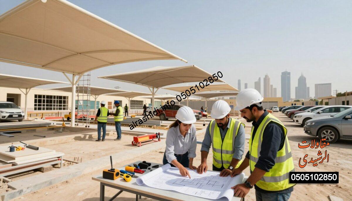A vibrant construction scene featuring a team of skilled workers in professional attire, engaged in the installation of various shades like car, garden, school, and parking structures in Riyadh, Saudi Arabia. In the foreground, two workers, a man and a woman, are discussing plans while pointing at a blueprint laid out on a table, surrounded by tools and materials. The middle section shows the partially completed shade structures, with scaffolding and equipment, depicting activity and collaboration. In the background, the Riyadh skyline is visible under a clear sky, bright sunlight illuminating the scene, enhancing the warm, productive atmosphere. The image is captured with a slight tilt-angle lens to create depth and perspective, emphasizing the dynamic nature of construction work.