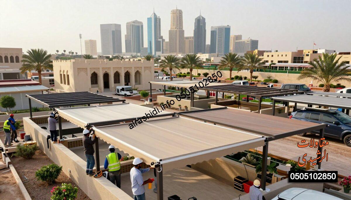 A vibrant construction scene in East Riyadh showcasing workers professionally installing various shades and pergolas for balconies, gardens, and parking lots. In the foreground, skilled workers in business attire are actively assembling elegant awnings, using tools and equipment, while safety gear is visible. The middle ground features partially complete shaded structures, with intricate designs reflecting traditional Saudi architecture, surrounded by landscaping elements like palm trees and flowers. In the background, the unique skyline of East Riyadh sets the tone, with soft sunlight illuminating the scene, enhancing the sense of productivity and community. The atmosphere is bustling yet harmonious, embodying a commitment to quality and craftsmanship in outdoor living spaces. A vibrant construction scene in East Riyadh showcasing workers professionally installing various shades and pergolas for balconies, gardens, and parking lots. In the foreground, skilled workers in business attire are actively assembling elegant awnings, using tools and equipment, while safety gear is visible. The middle ground features partially complete shaded structures, with intricate designs reflecting traditional Saudi architecture, surrounded by landscaping elements like palm trees and flowers. In the background, the unique skyline of East Riyadh sets the tone, with soft sunlight illuminating the scene, enhancing the sense of productivity and community. The atmosphere is bustling yet harmonious, embodying a commitment to quality and craftsmanship in outdoor living spaces.