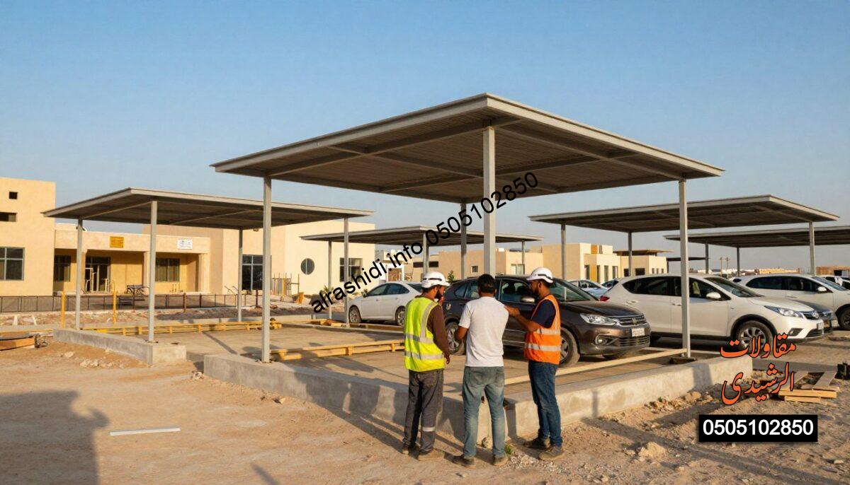 A vibrant construction scene in East Riyadh, showing workers diligently installing structural car, garden, school, and parking shades. The foreground features two workers in professional attire, collaborating and discussing the installation process. In the middle, the partially assembled shades are prominently displayed, showcasing their intricate design and durability. The background features a clear blue sky, contrasting with the warm hues of the surrounding buildings and construction materials. Soft sunlight illuminates the scene, casting gentle shadows that enhance the depth of the image. The atmosphere is industrious yet harmonious, reflecting a sense of teamwork and satisfaction as the workers transform the space with their craftsmanship. A vibrant construction scene in East Riyadh, showing workers diligently installing structural car, garden, school, and parking shades. The foreground features two workers in professional attire, collaborating and discussing the installation process. In the middle, the partially assembled shades are prominently displayed, showcasing their intricate design and durability. The background features a clear blue sky, contrasting with the warm hues of the surrounding buildings and construction materials. Soft sunlight illuminates the scene, casting gentle shadows that enhance the depth of the image. The atmosphere is industrious yet harmonious, reflecting a sense of teamwork and satisfaction as the workers transform the space with their craftsmanship.