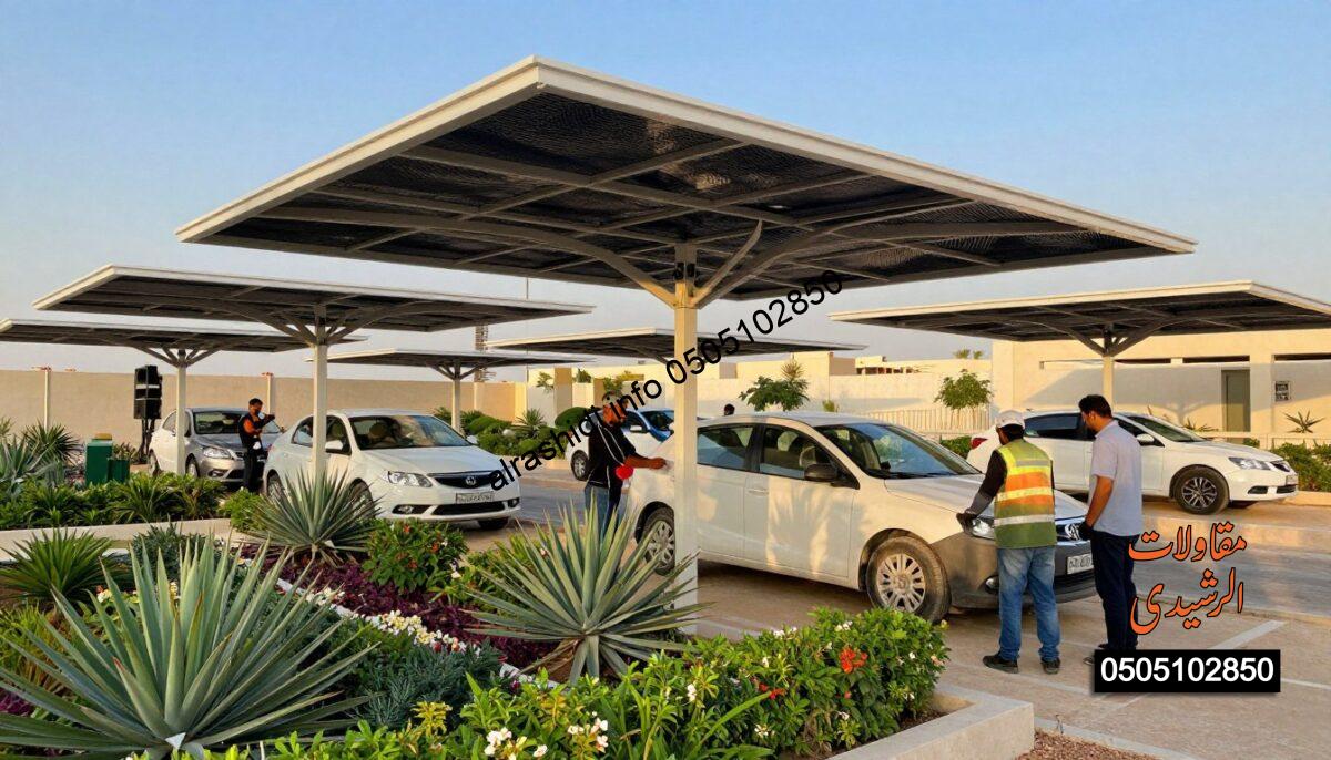 A vibrant construction scene in North Riyadh, showcasing sustainable car shade designs. In the foreground, workers in professional attire are skillfully installing modern, eco-friendly car canopies made from durable, recycled materials. The middle ground features beautifully landscaped gardens with native plants, blending harmoniously with the shade structures. The background reveals a clear blue sky, accented by soft, natural lighting highlighting the reflective surfaces of the canopies. The entire atmosphere is one of innovation and environmental consciousness, emphasizing the importance of sustainable design in urban spaces. The composition should be well-balanced, shot from a slightly elevated angle to capture the intricate details of both the structures and the workers' efforts.
