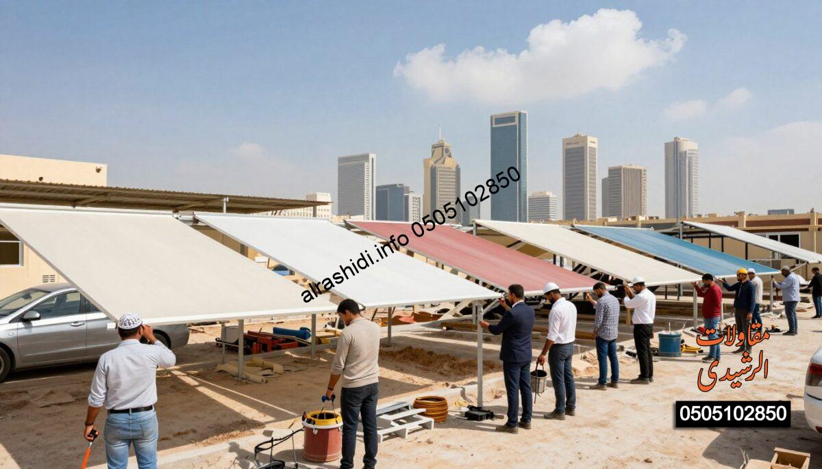 A vibrant construction site in Riyadh showcasing workers installing various types of shades, including car, garden, school, and parking shades. In the foreground, diverse workers in professional business attire diligently collaborate, using tools and equipment with expressions of focus and expertise. The middle ground features partially assembled structures of shades, displaying their unique designs and colors, surrounded by construction materials. The background reveals a sunny Riyadh skyline with a clear blue sky and a few scattered clouds, enhancing the sense of a bustling urban environment. The lighting is bright and natural, casting soft shadows, while a slight tilt-angle captures both the action and overall scene. The atmosphere is dynamic and industrious, reflecting the theme of service areas in Riyadh.