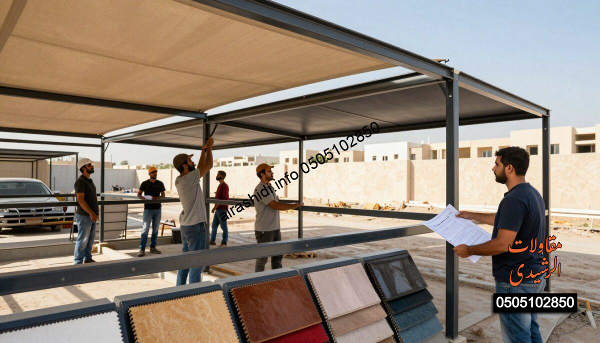 In a sunlit construction site in southern Riyadh, skilled workers are diligently installing high-quality fabric and steel shades for cars and gardens. The workers, dressed in professional work attire, showcase teamwork and precision, with one holding a blueprint while another secures the fabric to an elegant steel frame. In the foreground, vibrant fabric samples reflect the variety of colors and textures available, emphasizing material quality. The middle ground shows half-constructed shades with detailed workmanship, while the background reveals a clear blue sky and distant residential buildings, highlighting the urban setting. The scene is bathed in warm sunlight, creating a professional atmosphere that underscores the importance of high-quality materials in construction, enhancing overall performance and safety.