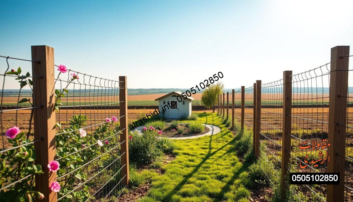 A beautifully designed garden enclosure showcasing temporary and permanent garden fencing structures typical for farms on the outskirts of Riyadh. In the foreground, display well-constructed wire fences with wooden posts, adorned with green foliage and blooming flowers. The middle ground features a well-maintained garden area, highlighting various plants and a pathway leading to a charming garden shed. In the background, softly blur a vast agricultural landscape under a bright blue sky, with gentle sunlight casting soft shadows. Capture this scene from a slightly elevated angle, using natural daylight to enhance the vibrant colors of the flowers and greenery, creating a serene and inviting atmosphere that emphasizes security and durability. A beautifully designed garden enclosure showcasing temporary and permanent garden fencing structures typical for farms on the outskirts of Riyadh. In the foreground, display well-constructed wire fences with wooden posts, adorned with green foliage and blooming flowers. The middle ground features a well-maintained garden area, highlighting various plants and a pathway leading to a charming garden shed. In the background, softly blur a vast agricultural landscape under a bright blue sky, with gentle sunlight casting soft shadows. Capture this scene from a slightly elevated angle, using natural daylight to enhance the vibrant colors of the flowers and greenery, creating a serene and inviting atmosphere that emphasizes security and durability.