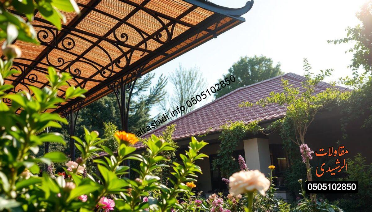 A beautifully designed garden with an elegant roof structure, showcasing a variety of garden roof installations. In the foreground, lush green plants and flowers create a vibrant setting, while the intricately crafted metal supports illustrate the artistry of modern shading solutions. The middle ground features a stunning Italian tiled roof, emphasizing luxury and quality, perfectly integrated into the garden environment. In the background, soft sunlight filters through the foliage, casting gentle shadows and enhancing the serene atmosphere. The scene is rich in detail, with a focus on craftsmanship and design, captured from a slightly elevated angle to emphasize the layered beauty of the garden space. The mood is tranquil and inspiring, ideal for showcasing diverse shading and metalwork services.