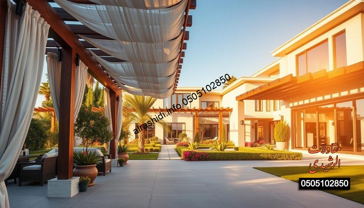A beautifully designed outdoor pergola and custom structures in a luxurious villa setting. The foreground features intricate wooden beams and elegant fabric draping that provides shade, adorned with potted plants and stylish outdoor furniture. In the middle ground, the smooth pavement leads to a meticulously maintained garden area with lush greenery and ornamental flowers. The background showcases a modern villa with large windows, reflecting the bright sunlight. The scene is illuminated by warm, golden hour lighting, creating a serene and inviting atmosphere. Capture the essence of luxury and meticulous craftsmanship in this tranquil outdoor space, emphasizing the harmony between nature and architecture. No people are present in the scene. A beautifully designed outdoor pergola and custom structures in a luxurious villa setting. The foreground features intricate wooden beams and elegant fabric draping that provides shade, adorned with potted plants and stylish outdoor furniture. In the middle ground, the smooth pavement leads to a meticulously maintained garden area with lush greenery and ornamental flowers. The background showcases a modern villa with large windows, reflecting the bright sunlight. The scene is illuminated by warm, golden hour lighting, creating a serene and inviting atmosphere. Capture the essence of luxury and meticulous craftsmanship in this tranquil outdoor space, emphasizing the harmony between nature and architecture. No people are present in the scene.