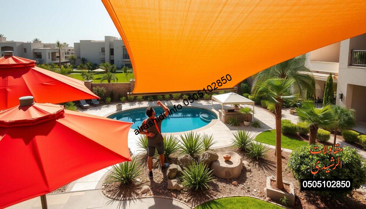 A beautifully landscaped backyard pool area in Al-Wadi, Riyadh, featuring elegant pool shading canopies. In the foreground, vibrant umbrellas and stylish sunshades provide sun protection, with a professional installer adjusting one of the canopies. The middle ground showcases a luxurious pool surrounded by lush green plants and decorative stones, while the background reveals modern residential buildings characteristic of the area. The lighting is bright and sunny, emphasizing a relaxed summer atmosphere. The angle captures the depth of the space, inviting the viewer into the serene environment. The overall mood is tranquil and inviting, reflecting a perfect outdoor retreat.
