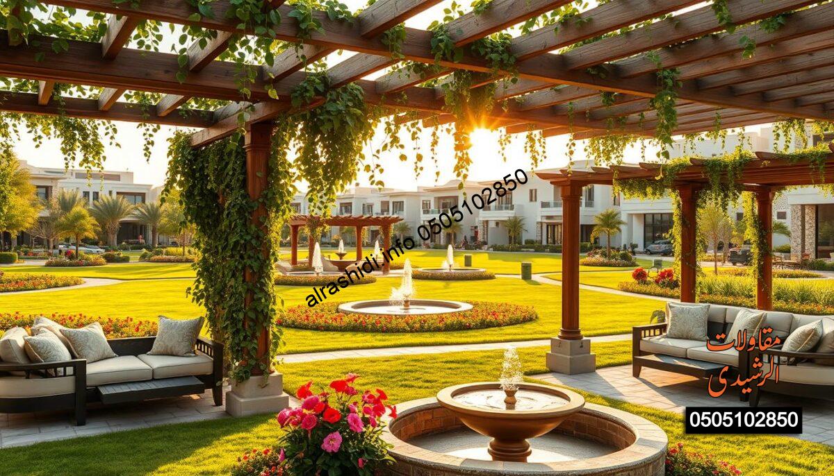 A beautifully landscaped garden in South Riyadh featuring luxurious pergolas. In the foreground, elegant wooden pergolas adorned with climbing vines create a shady area for relaxation, with plush outdoor seating and decorative cushions. The middle ground showcases lush green lawns dotted with vibrant flowers in full bloom, along with small elegant fountains that reflect the sunlight. The background contains modern villas with stylish architecture, blending seamlessly with the natural surroundings. The lighting is warm and inviting, suggesting late afternoon with soft golden hues. The scene conveys a serene and upscale atmosphere, perfect for upscale living. The image should capture the essence of luxury outdoor living in South Riyadh's gardens.