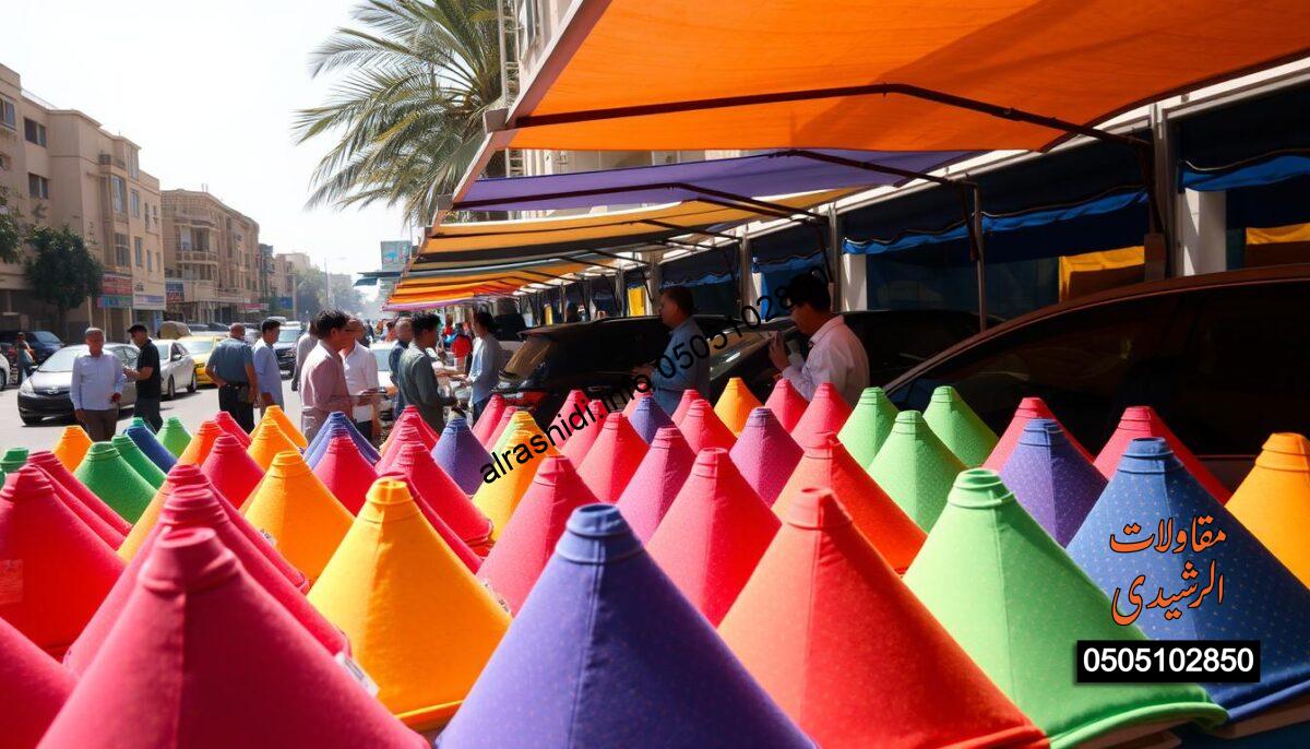 A bustling outdoor market scene showcasing various styles and colors of car canopies and shades. In the foreground, a selection of vibrant, cone-shaped car shades made of durable fabric, neatly arranged, highlighting their diversity in design. The middle ground features vendors engaged in friendly discussions with customers, showcasing price tags attached to each canopy, emphasizing their affordability. In the background, a sunny urban neighborhood representing the neighborhoods of Sulaymaniyah and Al-Murabba, with well-maintained streets and a few palm trees. The lighting is bright and natural, capturing the essence of a pleasant afternoon, and the angle is slightly tilted upward to showcase both the products and the lively atmosphere of the market, creating an inviting and informative mood. A bustling outdoor market scene showcasing various styles and colors of car canopies and shades. In the foreground, a selection of vibrant, cone-shaped car shades made of durable fabric, neatly arranged, highlighting their diversity in design. The middle ground features vendors engaged in friendly discussions with customers, showcasing price tags attached to each canopy, emphasizing their affordability. In the background, a sunny urban neighborhood representing the neighborhoods of Sulaymaniyah and Al-Murabba, with well-maintained streets and a few palm trees. The lighting is bright and natural, capturing the essence of a pleasant afternoon, and the angle is slightly tilted upward to showcase both the products and the lively atmosphere of the market, creating an inviting and informative mood.