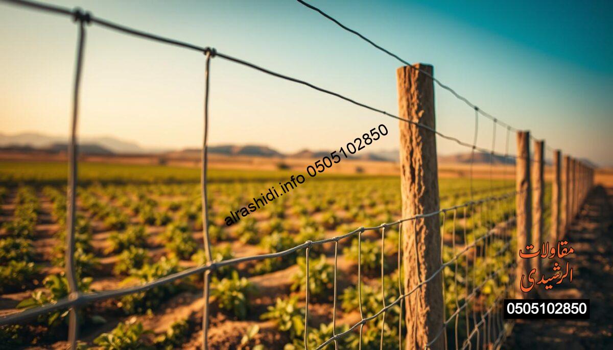 A close-up image showcasing a meticulously designed farm fence (شبوك) on the outskirts of Riyadh, illustrating both durability and security. In the foreground, focus on the textured materials of the fence, emphasizing the sturdy posts and wire mesh that suggest resilience. The middle ground features a well-maintained agricultural field, with crops flourishing under the Riyadh sun. In the background, capture the soft silhouette of distant hills and a clear blue sky. The lighting is warm and inviting, casting soft shadows that enhance the textures. The mood is serene yet protective, reflecting a sense of safety and careful design tailored to meet agricultural needs. No human figures are present in the scene, ensuring a clean visual focus on the fence design. A close-up image showcasing a meticulously designed farm fence (شبوك) on the outskirts of Riyadh, illustrating both durability and security. In the foreground, focus on the textured materials of the fence, emphasizing the sturdy posts and wire mesh that suggest resilience. The middle ground features a well-maintained agricultural field, with crops flourishing under the Riyadh sun. In the background, capture the soft silhouette of distant hills and a clear blue sky. The lighting is warm and inviting, casting soft shadows that enhance the textures. The mood is serene yet protective, reflecting a sense of safety and careful design tailored to meet agricultural needs. No human figures are present in the scene, ensuring a clean visual focus on the fence design.
