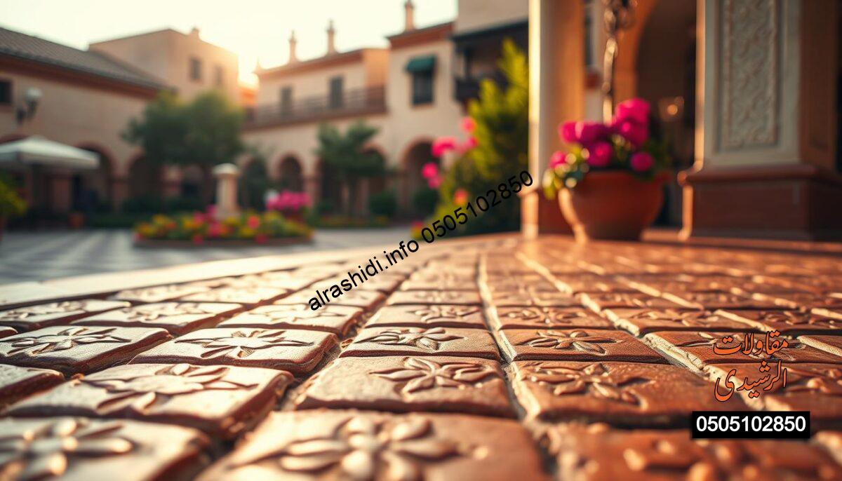 A close-up of elegant Italian tiles showcasing their rich texture and craftsmanship, prominently featuring terracotta bricks with intricate designs. In the foreground, capture detailed patterns and colors of the tiles, highlighting the natural glaze reflecting warm sunlight. The middle layer should include a beautifully landscaped courtyard in the neighborhood of Mohammedia, with vibrant flowers and lush greenery complementing the tiles. In the background, display soft-focus buildings styled in traditional architecture, allowing the beauty of the tiles to be the central focus. The image should be bathed in golden hour light to evoke a warm and inviting atmosphere, with subtle shadows enhancing the tiles' contours. The overall mood is sophisticated and serene, emphasizing the quality and artistry of the Italian tiles.