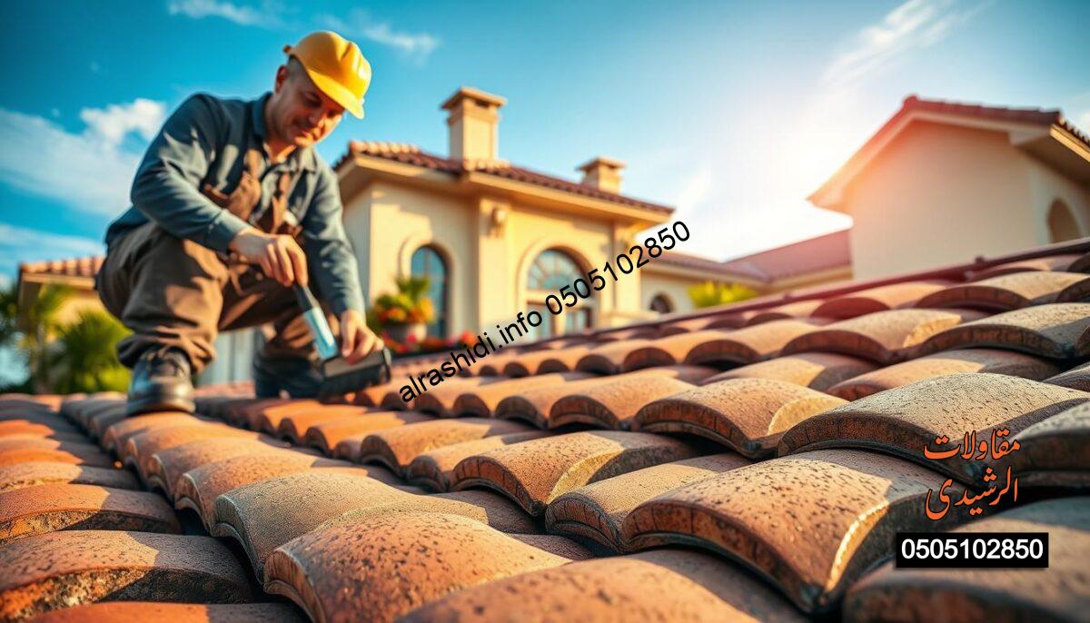 A close-up view of a professional technician performing maintenance on exquisite Italian roof tiles, showcasing the intricate textures and colors of the tiles in the foreground. The technician, dressed in a smart work outfit, is carefully inspecting a tile, using tools such as a brush and sealant, emphasizing attention to detail and craftsmanship. In the middle ground, a beautifully maintained house with elegant architecture and vibrant landscaping reflects the quality of the Italian tiles. The background features a clear blue sky with soft, warm sunlight illuminating the scene, creating a cheerful and inviting atmosphere. The composition highlights the elegance and quality of Italian roofing materials, making the maintenance process visually engaging and informative.