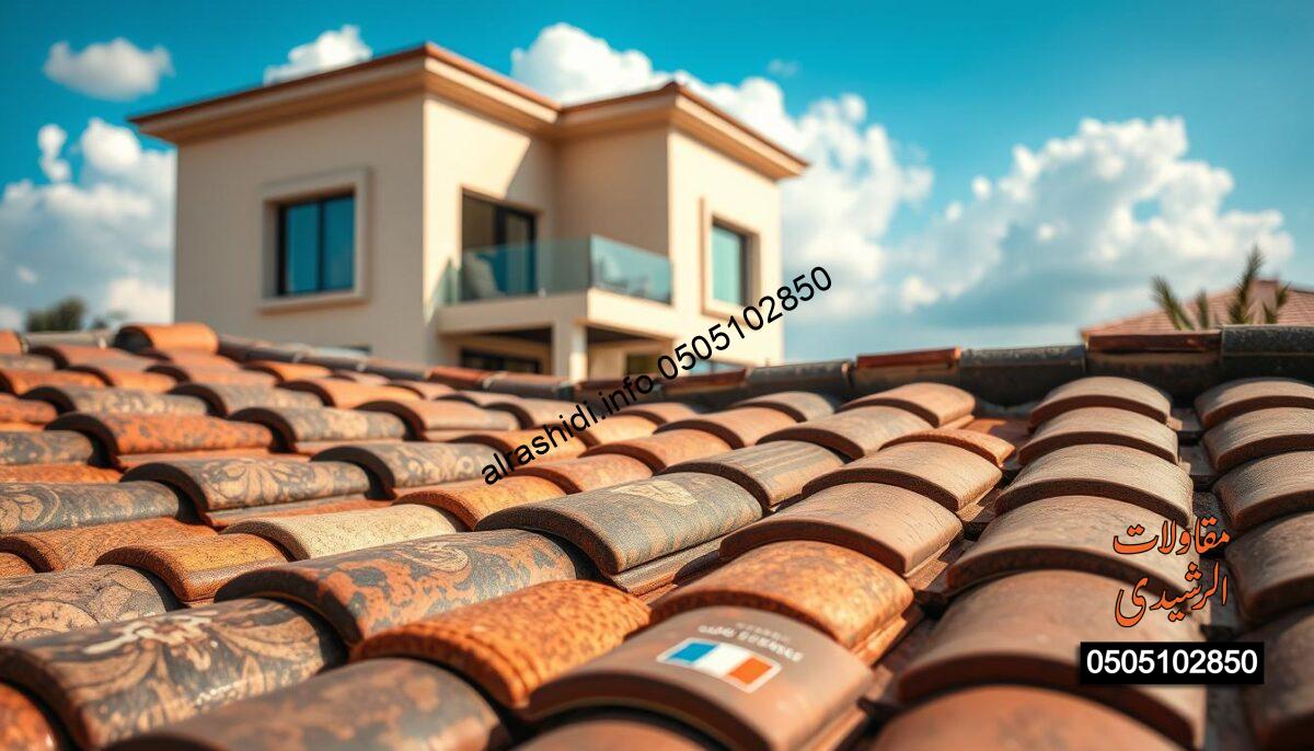 A close-up view of elegant Italian roof tiles (قرميد), showcasing a variety of textures and colors, nestled on a stylish rooftop in the Al-Mohammadiyah neighborhood. The foreground features a beautifully arranged selection of varying tile styles, capturing intricate details like surface gloss and rich, earthy tones. In the middle ground, a well-defined and modern villa, adorned with these exquisite tiles, exudes luxury and quality. The background includes a bright blue sky with soft, fluffy clouds, enhancing the image's vibrancy. Use natural sunlight to illuminate the scene, casting gentle shadows that highlight the tiles’ craftsmanship. The overall mood is inviting and sophisticated, emphasizing the elegance of the Italian roofing tiles in an upscale urban setting.