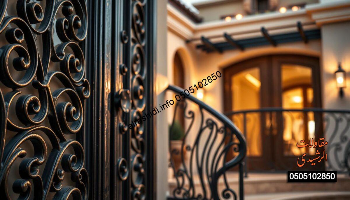 A close-up view of intricately designed wrought iron doors and railings, showcasing detailed artistic craftsmanship. The foreground features a beautifully ornate door with swirling patterns and a gleaming finish, reflecting the luxurious aesthetic of modern villa architecture. In the middle ground, elegant iron railings curve gracefully, complementing the door design, bathed in soft, warm lighting that highlights the textures. The background includes a hint of a stylish villa with muted colors, creating a serene ambiance. The mood is sophisticated and inviting, emphasizing the beauty of artistic ironwork in residential design. Shot from a low angle to capture the grandeur of the elements, using a soft focus to draw attention to the intricate details. A close-up view of intricately designed wrought iron doors and railings, showcasing detailed artistic craftsmanship. The foreground features a beautifully ornate door with swirling patterns and a gleaming finish, reflecting the luxurious aesthetic of modern villa architecture. In the middle ground, elegant iron railings curve gracefully, complementing the door design, bathed in soft, warm lighting that highlights the textures. The background includes a hint of a stylish villa with muted colors, creating a serene ambiance. The mood is sophisticated and inviting, emphasizing the beauty of artistic ironwork in residential design. Shot from a low angle to capture the grandeur of the elements, using a soft focus to draw attention to the intricate details.