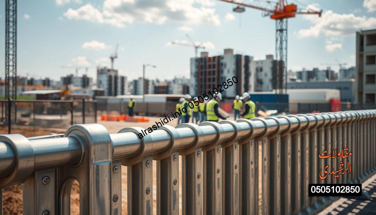 A detailed and informative image of metal barriers (سواتر معدنية) in a construction or urban environment. In the foreground, depict strong and stylish metal barriers, designed for durability and security, with a sleek finish reflecting sunlight. In the middle ground, show a bustling construction site with workers wearing professional safety attire, interacting with the barriers in various ways. In the background, illustrate a blend of residential buildings and warehouses, symbolizing the industrial area of الوشام والبديعة. Use natural lighting to create an optimistic atmosphere, highlighting the importance and functionality of these barriers. Capture the scene from a slightly elevated angle to give a comprehensive view of their application and setting, maintaining a sense of clarity and focus on the metal barriers themselves.
