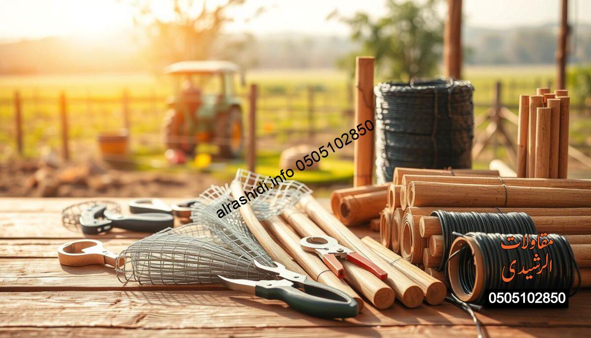 A detailed close-up image showcasing the various materials used in the manufacturing of animal fencing (شبوك) specifically designed for farming in East Riyadh. In the foreground, display different textures and colors of fencing materials such as galvanized wire, plastic mesh, and wooden posts, arranged neatly on a wooden table. The middle ground features tools like pliers, wire cutters, and rolls of wire, illustrating the process of assembly. The background should depict a sunlit farm landscape with lush greenery and farming equipment, highlighting the practical application of these materials. Employ warm, natural lighting to enhance the materials' textures and create a serene, productive atmosphere. Use a shallow depth of field to focus on the materials while softly blurring the background for a professional look. A detailed close-up image showcasing the various materials used in the manufacturing of animal fencing (شبوك) specifically designed for farming in East Riyadh. In the foreground, display different textures and colors of fencing materials such as galvanized wire, plastic mesh, and wooden posts, arranged neatly on a wooden table. The middle ground features tools like pliers, wire cutters, and rolls of wire, illustrating the process of assembly. The background should depict a sunlit farm landscape with lush greenery and farming equipment, highlighting the practical application of these materials. Employ warm, natural lighting to enhance the materials' textures and create a serene, productive atmosphere. Use a shallow depth of field to focus on the materials while softly blurring the background for a professional look.