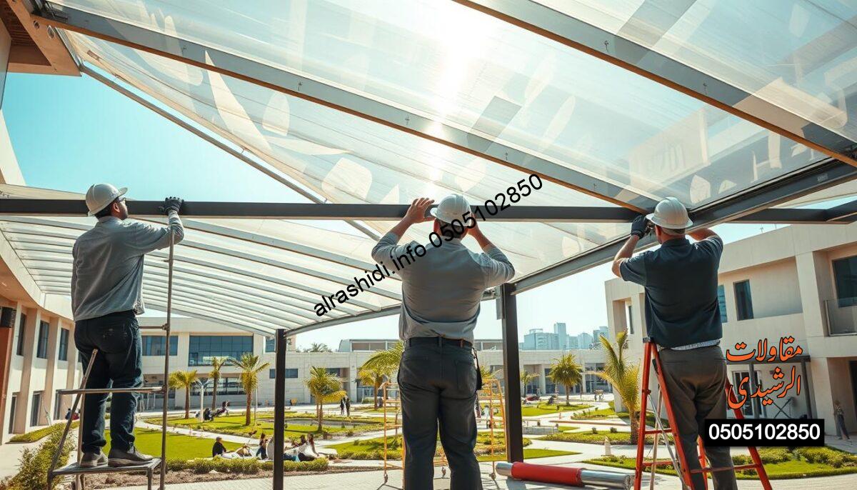 A detailed construction scene depicting the installation of polycarbonate canopies in an educational environment, specifically schools and universities in East Riyadh. In the foreground, skilled workers in professional attire are carefully assembling the sleek, transparent polycarbonate panels, using scaffolding and tools. The middle ground features partially erected canopies with sunbeams filtering through the material, creating a shimmering effect. In the background, a modern educational campus is visible, with green landscaping and students engaging in outdoor activities. The lighting is bright and natural, indicative of a sunny day, casting soft shadows and enhancing the clarity of the scene. The overall atmosphere conveys a sense of productivity and innovation, focused on providing shade and comfort in an educational setting. A detailed construction scene depicting the installation of polycarbonate canopies in an educational environment, specifically schools and universities in East Riyadh. In the foreground, skilled workers in professional attire are carefully assembling the sleek, transparent polycarbonate panels, using scaffolding and tools. The middle ground features partially erected canopies with sunbeams filtering through the material, creating a shimmering effect. In the background, a modern educational campus is visible, with green landscaping and students engaging in outdoor activities. The lighting is bright and natural, indicative of a sunny day, casting soft shadows and enhancing the clarity of the scene. The overall atmosphere conveys a sense of productivity and innovation, focused on providing shade and comfort in an educational setting.