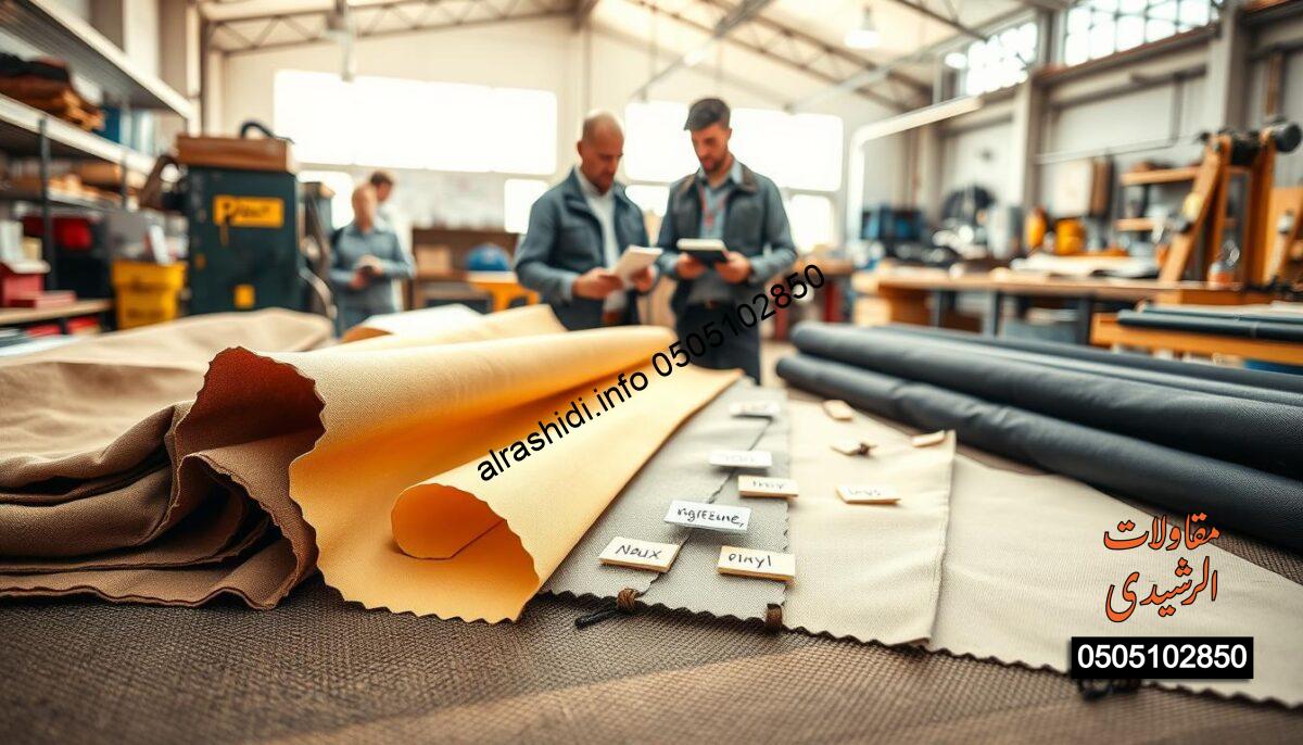 A detailed display of various materials used in the manufacturing of outdoor canopies. In the foreground, several samples of fabric, including heavy-duty polyester, waterproof canvas, and UV-resistant vinyl, are showcased on a textured surface, each labeled with small tags. In the middle ground, skilled professionals in professional attire are inspecting and discussing the materials, with one holding a roll of fabric. The background features a bright, well-lit workshop filled with tools and equipment for canopy assembly, with sunlight filtering through large windows. The mood is industrious and focused, emphasizing craftsmanship. Use soft natural lighting to highlight the textures and colors of the materials, shot from a slightly elevated angle to capture depth. A detailed display of various materials used in the manufacturing of outdoor canopies. In the foreground, several samples of fabric, including heavy-duty polyester, waterproof canvas, and UV-resistant vinyl, are showcased on a textured surface, each labeled with small tags. In the middle ground, skilled professionals in professional attire are inspecting and discussing the materials, with one holding a roll of fabric. The background features a bright, well-lit workshop filled with tools and equipment for canopy assembly, with sunlight filtering through large windows. The mood is industrious and focused, emphasizing craftsmanship. Use soft natural lighting to highlight the textures and colors of the materials, shot from a slightly elevated angle to capture depth.