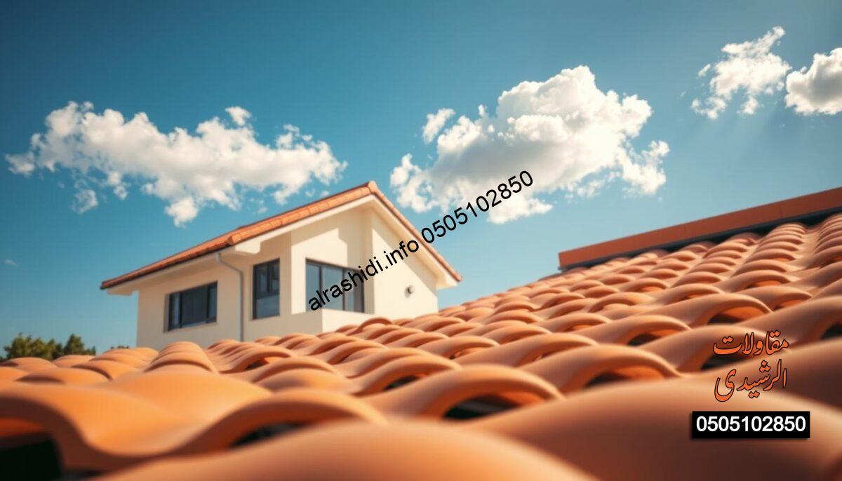 A detailed image showcasing Italian roofing tiles adapted to the climate of Riyadh. In the foreground, focus on an array of elegant, high-quality ceramic tiles with a rich terracotta color, showcasing their texture and craftsmanship. The middle ground features a stylish residential building in the Al-Mohammadiyah or Al-Naseem neighborhoods, featuring these tiles elegantly integrated into its sloped roof. The background depicts a clear, sunny Riyadh skyline, with a vibrant blue sky and a few fluffy clouds, emphasizing the region's warm climate. The mood is one of sophistication and luxury, capturing the harmony between modern architecture and traditional roofing aesthetics. Soft, natural lighting enhances the details of the tiles and building, while a slight angle from below adds depth to the scene. The overall atmosphere conveys a sense of quality and timelessness.